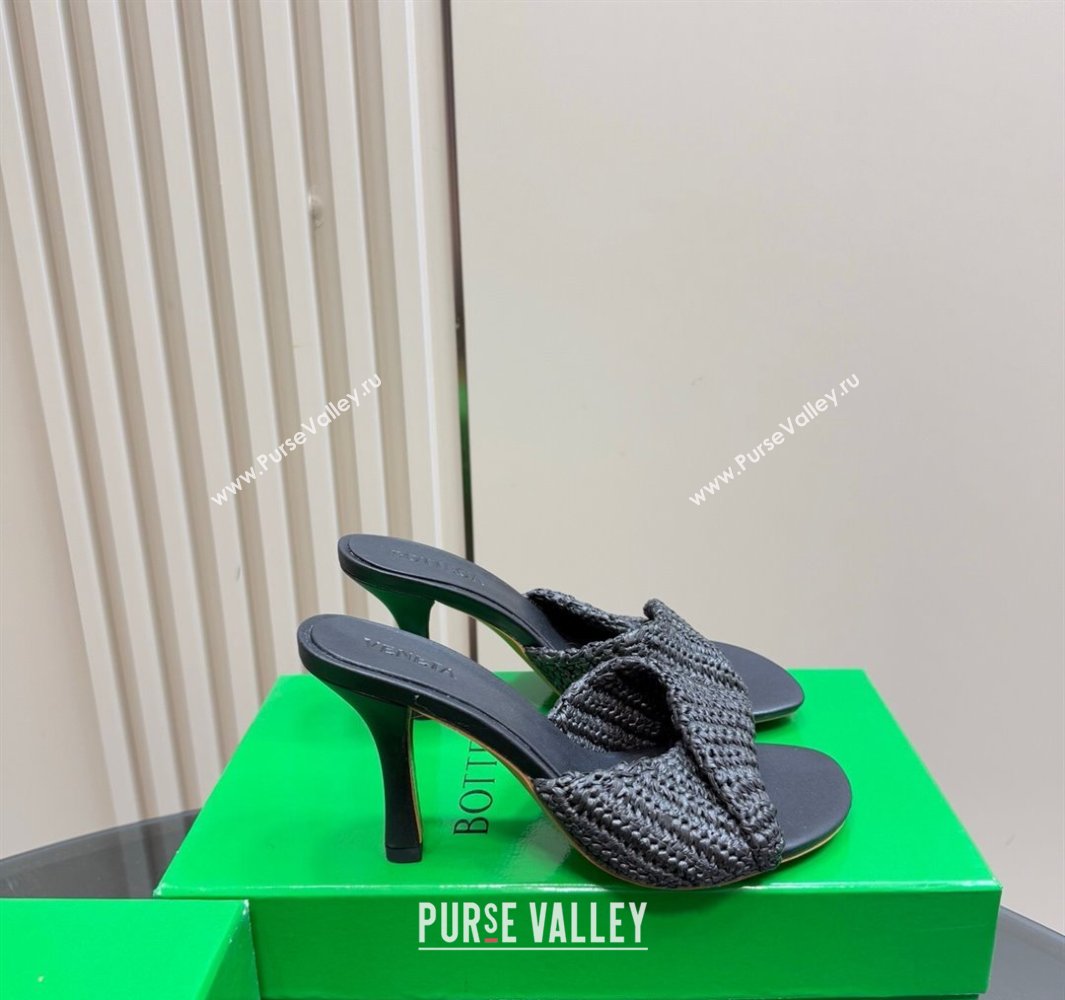 Bottega Veneta Blink High Heel Slides Sandal 9cm in Crochet Raffia Straw Black 2025 (MD-250428087)