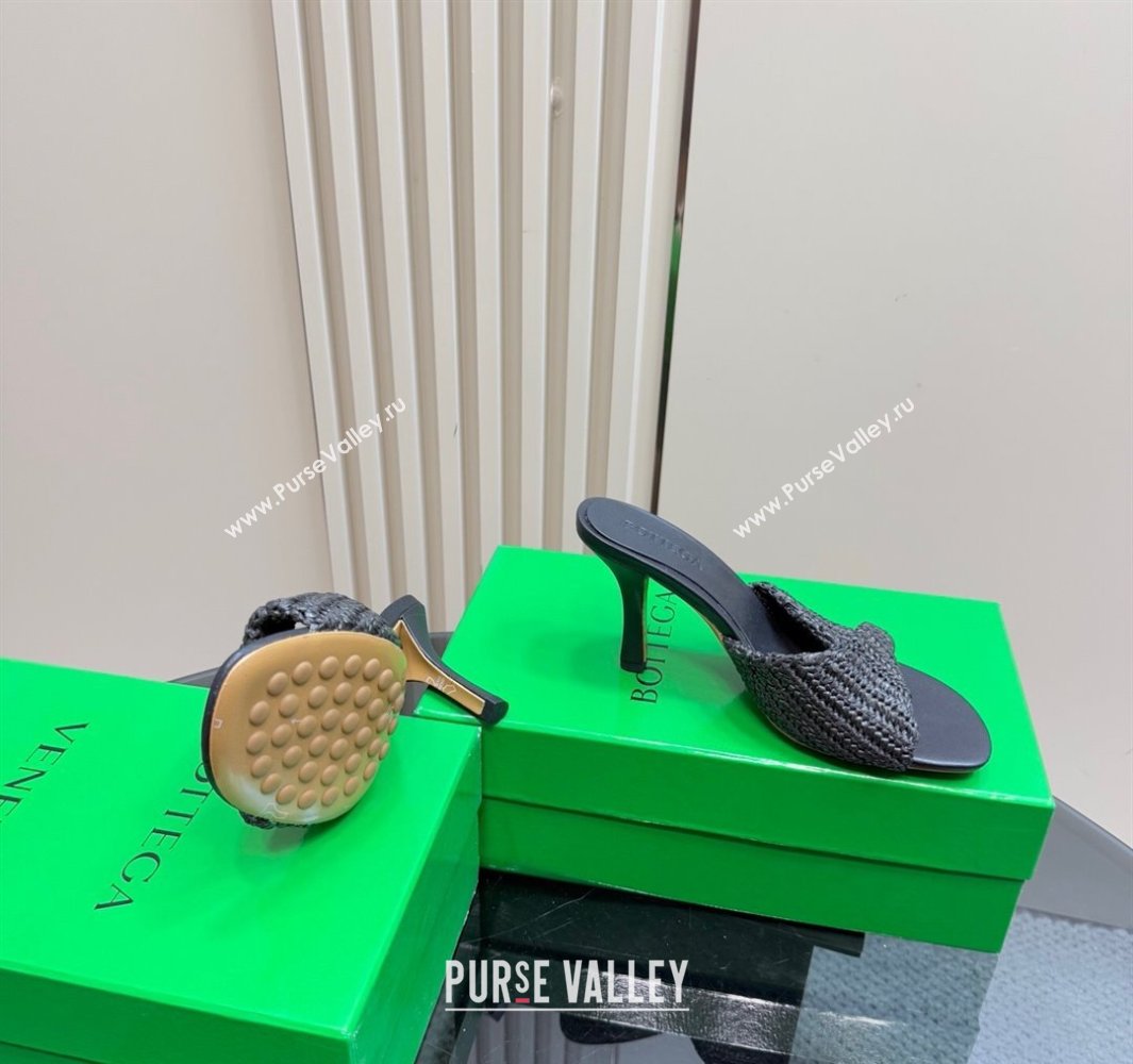Bottega Veneta Blink High Heel Slides Sandal 9cm in Crochet Raffia Straw Black 2025 (MD-250428087)