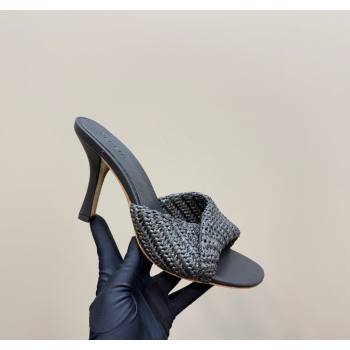 Bottega Veneta Blink High Heel Slides Sandal 9cm in Crochet Raffia Straw Black 2025 (MD-250428087)
