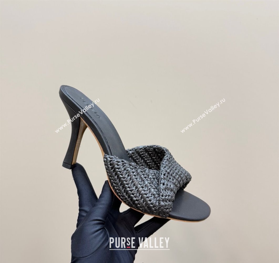 Bottega Veneta Blink High Heel Slides Sandal 9cm in Crochet Raffia Straw Black 2025 (MD-250428087)