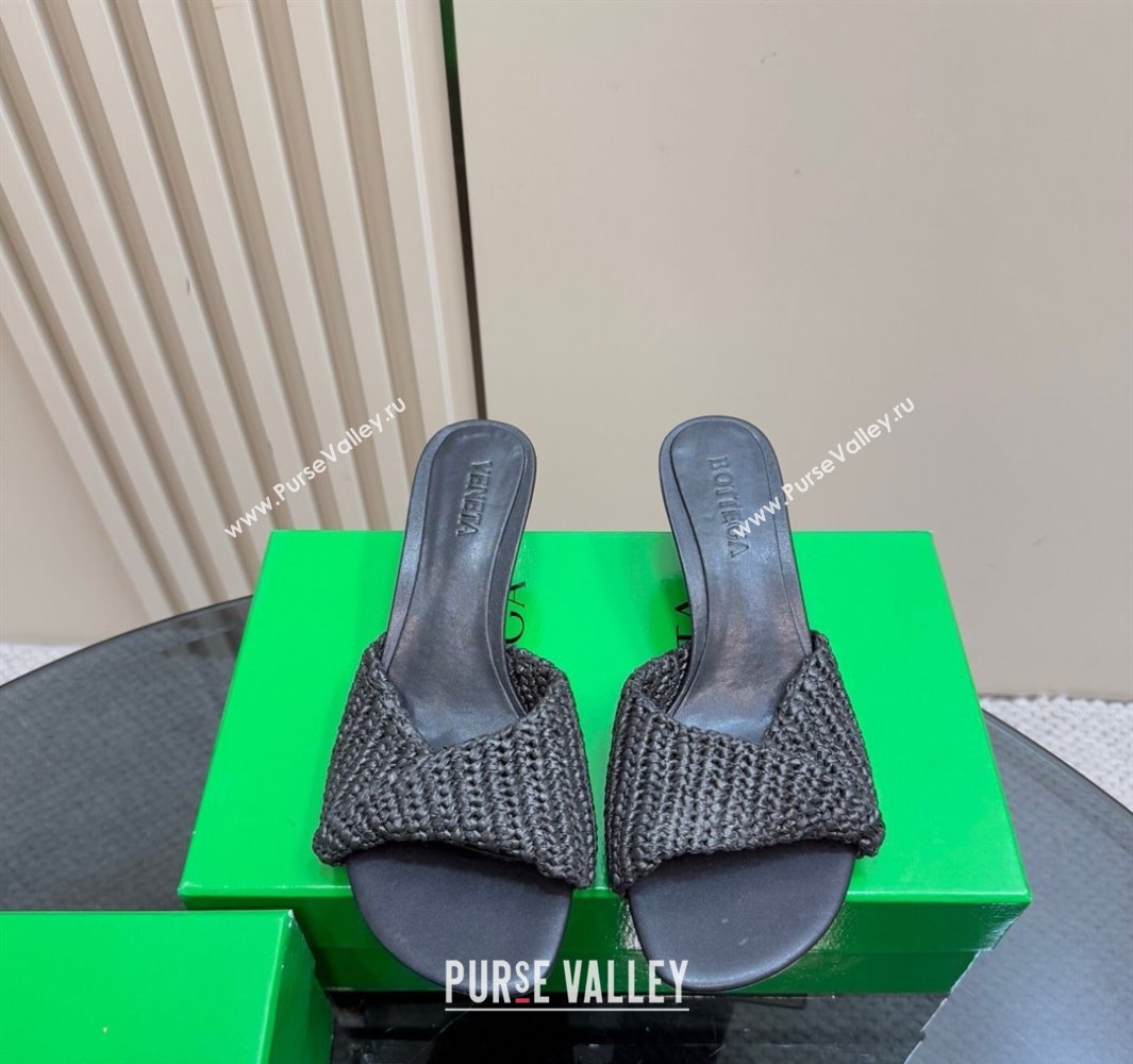 Bottega Veneta Blink Mid Heel Slides Sandal 6.5cm in Crochet Raffia Straw Black 2025 (MD-250428082)