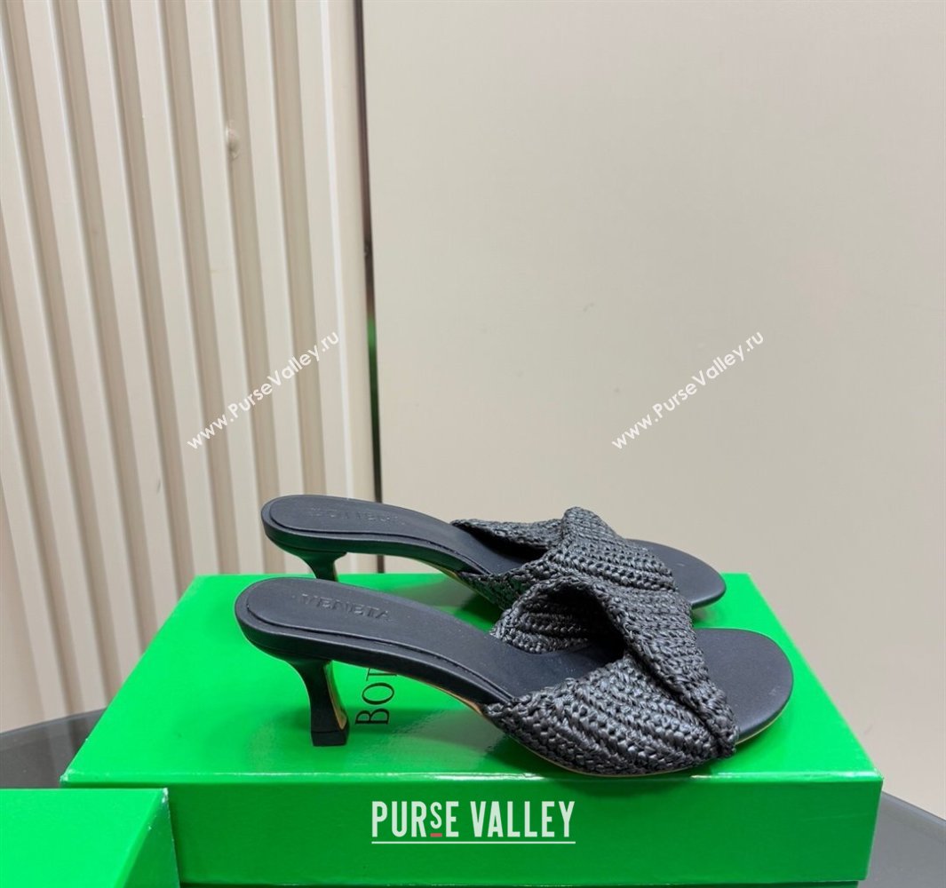 Bottega Veneta Blink Mid Heel Slides Sandal 6.5cm in Crochet Raffia Straw Black 2025 (MD-250428082)