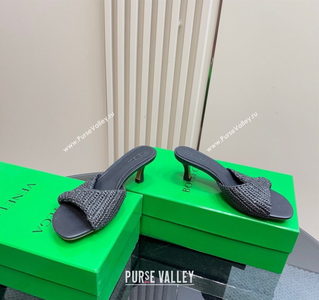 Bottega Veneta Blink Mid Heel Slides Sandal 6.5cm in Crochet Raffia Straw Black 2025 (MD-250428082)