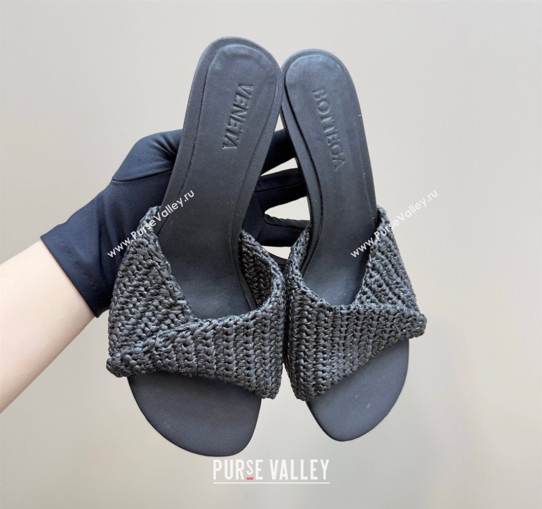 Bottega Veneta Blink Mid Heel Slides Sandal 6.5cm in Crochet Raffia Straw Black 2025 (MD-250428082)