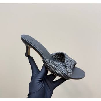Bottega Veneta Blink Mid Heel Slides Sandal 6.5cm in Crochet Raffia Straw Black 2025 (MD-250428082)