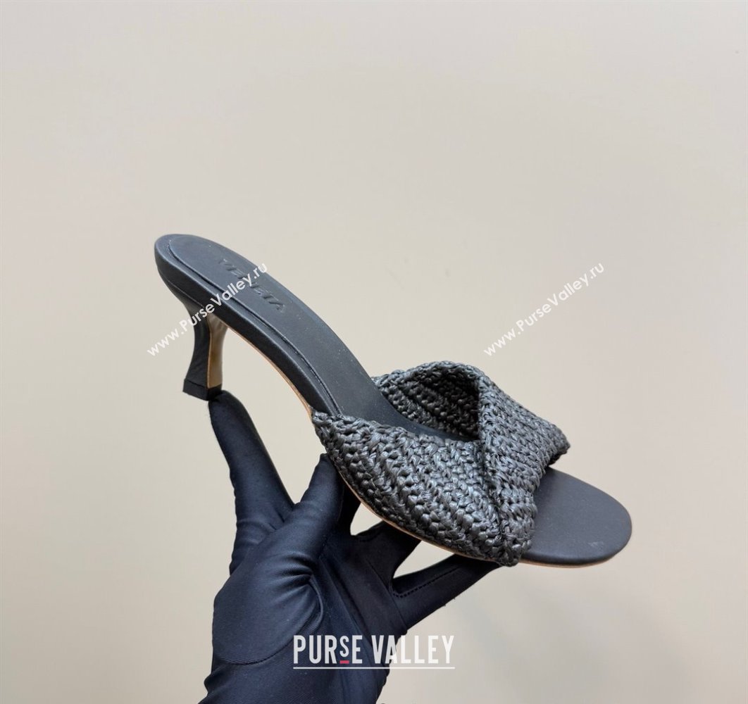 Bottega Veneta Blink Mid Heel Slides Sandal 6.5cm in Crochet Raffia Straw Black 2025 (MD-250428082)