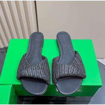 Bottega Veneta Blink Flat Slides Sandal in Crochet Raffia Straw Black 2025 (MD-250428092)