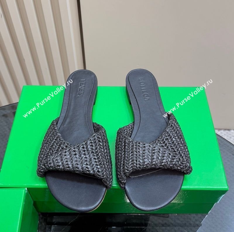 Bottega Veneta Blink Flat Slides Sandal in Crochet Raffia Straw Black 2025 (MD-250428092)