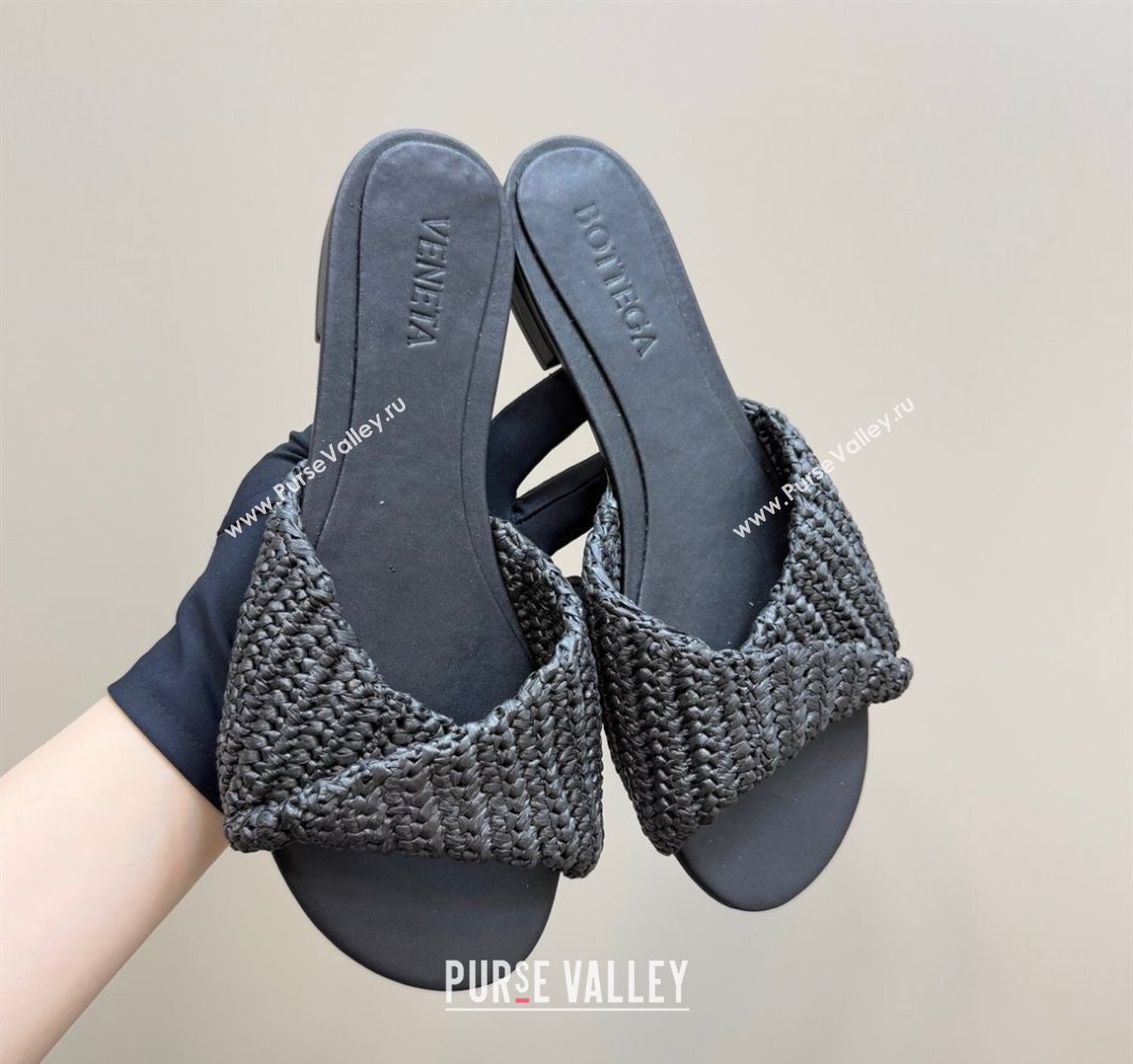 Bottega Veneta Blink Flat Slides Sandal in Crochet Raffia Straw Black 2025 (MD-250428092)