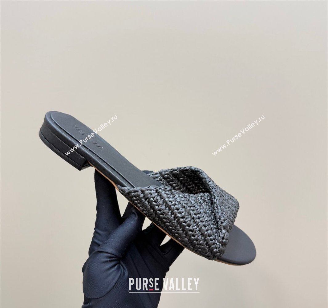 Bottega Veneta Blink Flat Slides Sandal in Crochet Raffia Straw Black 2025 (MD-250428092)