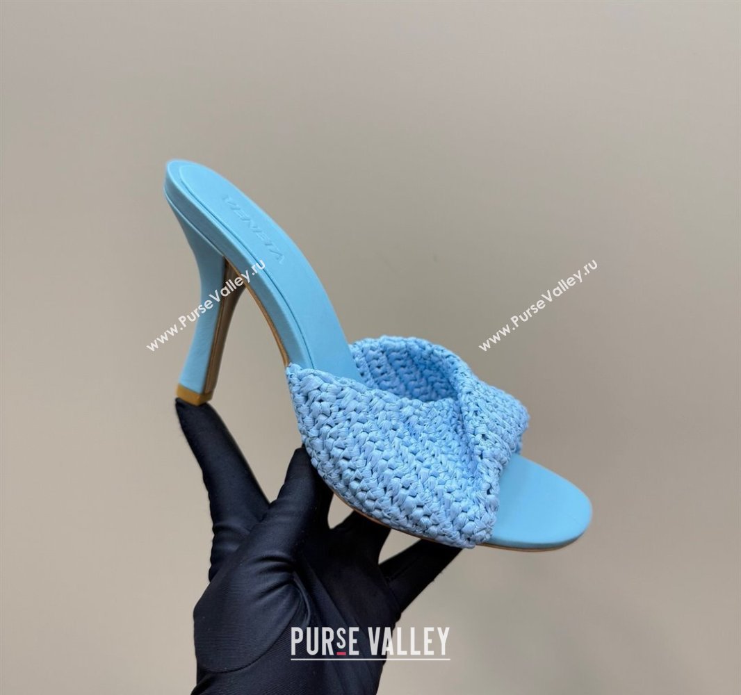 Bottega Veneta Blink High Heel Slides Sandal 9cm in Crochet Raffia Straw Blue 2025 (MD-250428088)