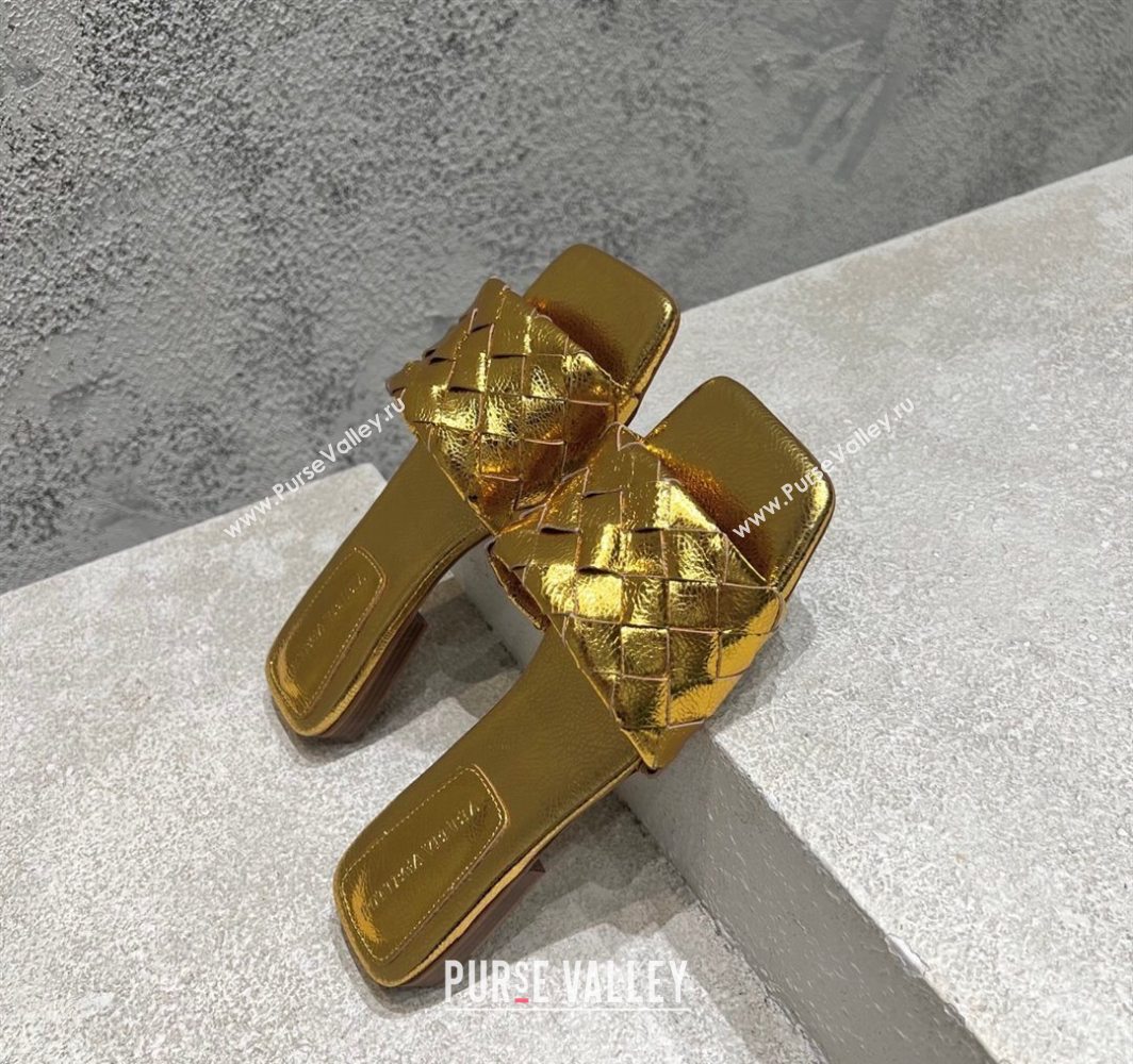 Bottega Veneta Parco Square Flat Slides Sandals in Soft Intrecciato Leather Gold 2025 837737 (MD-250604016)