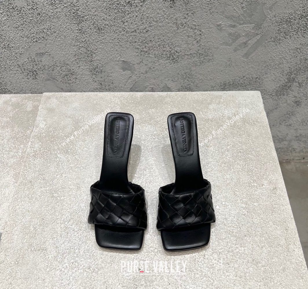 Bottega Veneta Parco Square Heel Slides Sandals 9cm in Soft Intrecciato Leather Black 2025 837737 (MD-250604017)