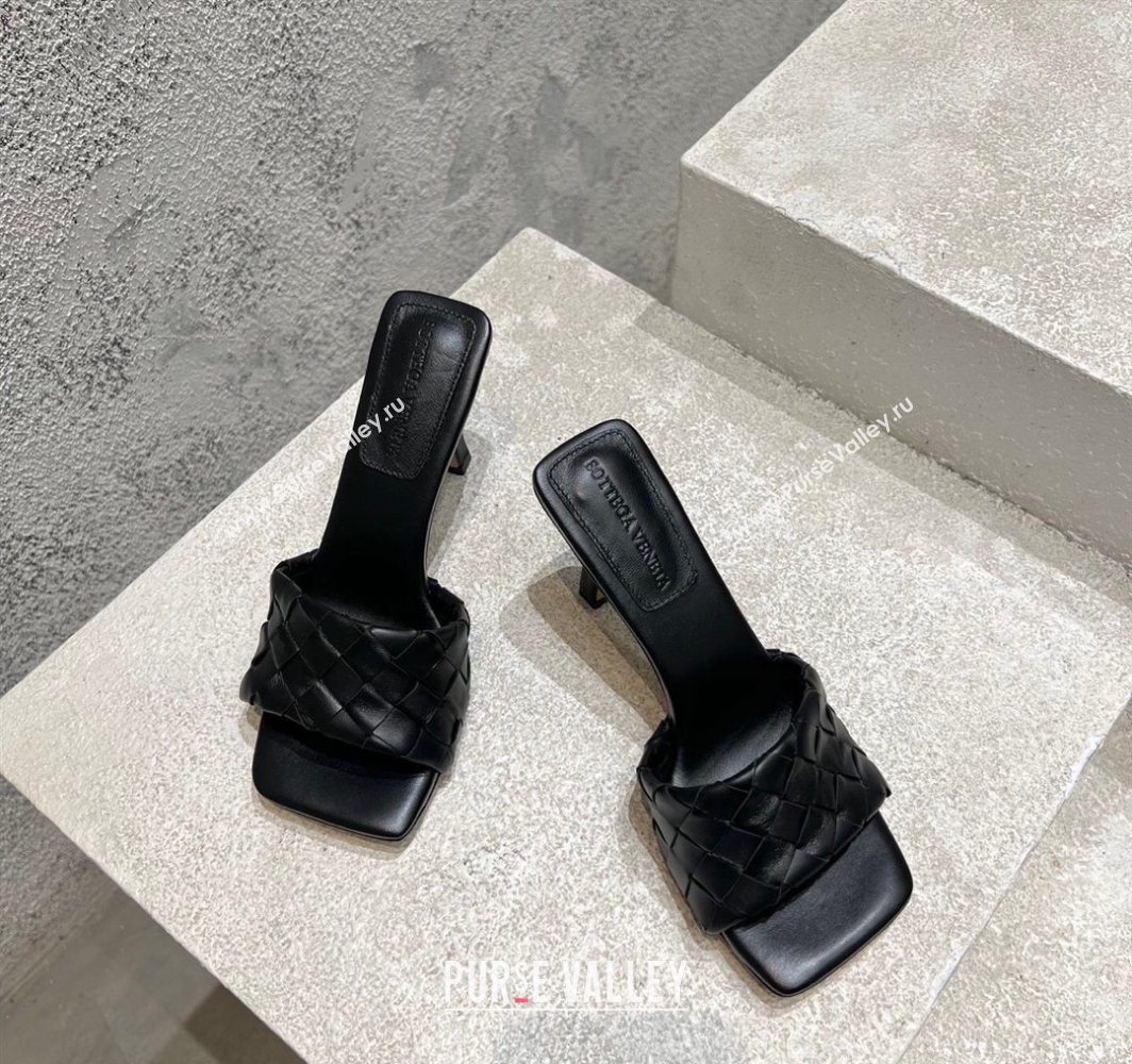 Bottega Veneta Parco Square Heel Slides Sandals 9cm in Soft Intrecciato Leather Black 2025 837737 (MD-250604017)