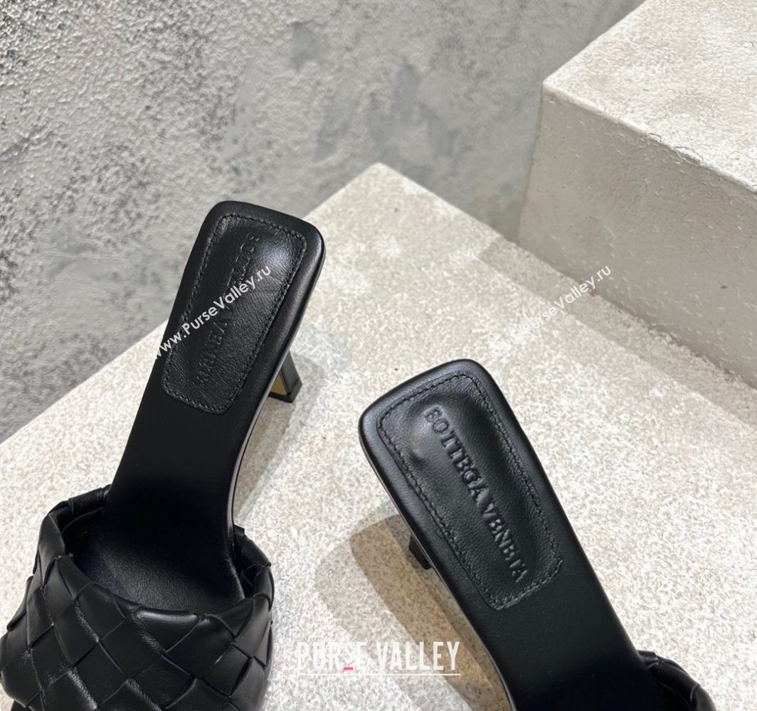 Bottega Veneta Parco Square Heel Slides Sandals 9cm in Soft Intrecciato Leather Black 2025 837737 (MD-250604017)