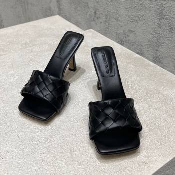 Bottega Veneta Parco Square Heel Slides Sandals 9cm in Soft Intrecciato Leather Black 2025 837737 (MD-250604017)