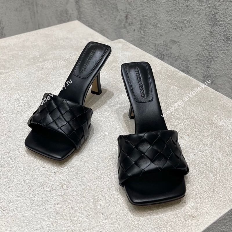 Bottega Veneta Parco Square Heel Slides Sandals 9cm in Soft Intrecciato Leather Black 2025 837737 (MD-250604017)