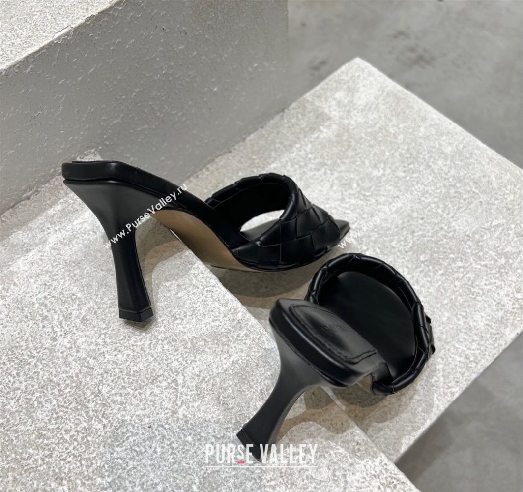 Bottega Veneta Parco Square Heel Slides Sandals 9cm in Soft Intrecciato Leather Black 2025 837737 (MD-250604017)