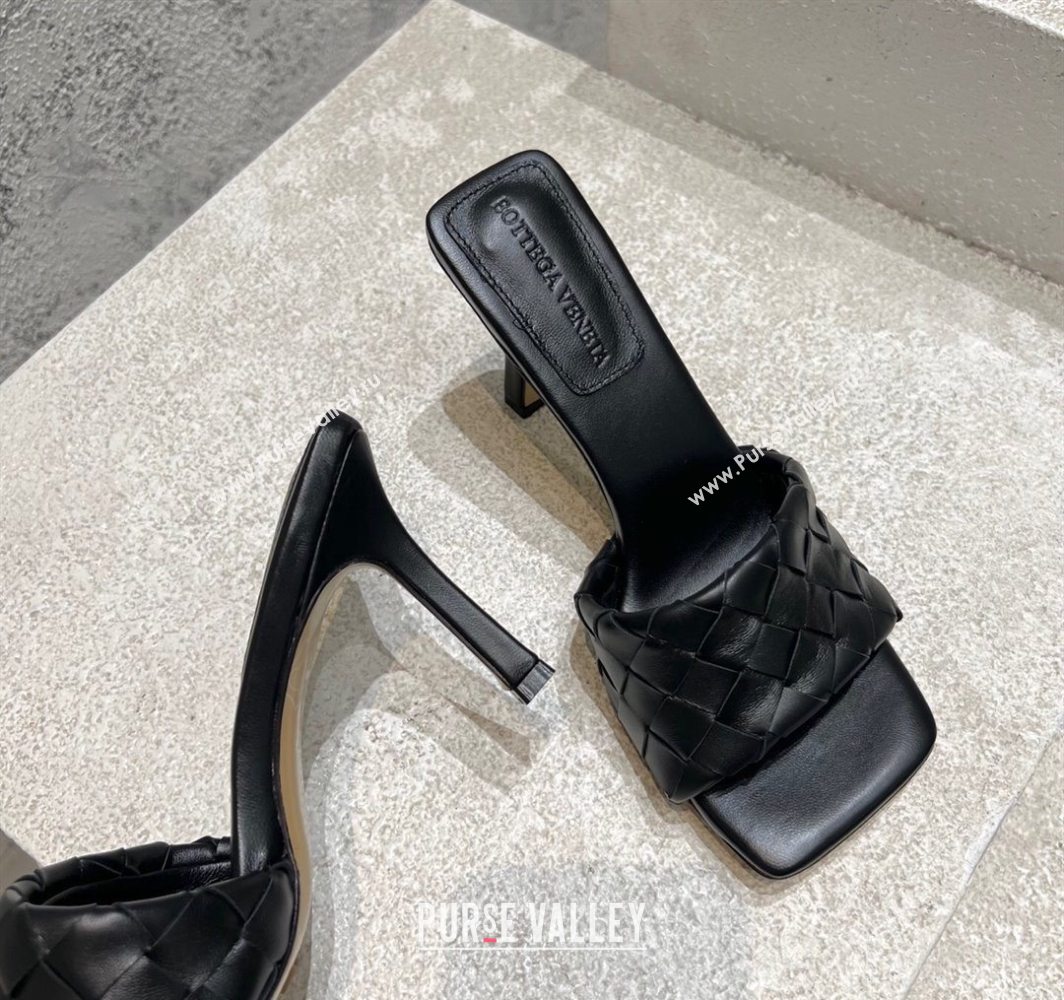 Bottega Veneta Parco Square Heel Slides Sandals 9cm in Soft Intrecciato Leather Black 2025 837737 (MD-250604017)