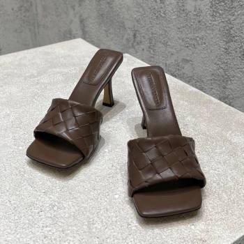 Bottega Veneta Parco Square Heel Slides Sandals 9cm in Soft Intrecciato Leather Chocolate 2025 837737 (MD-250604018)