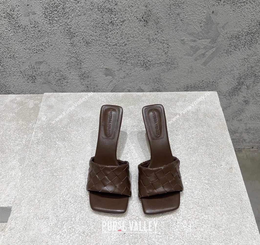 Bottega Veneta Parco Square Heel Slides Sandals 9cm in Soft Intrecciato Leather Chocolate 2025 837737 (MD-250604018)