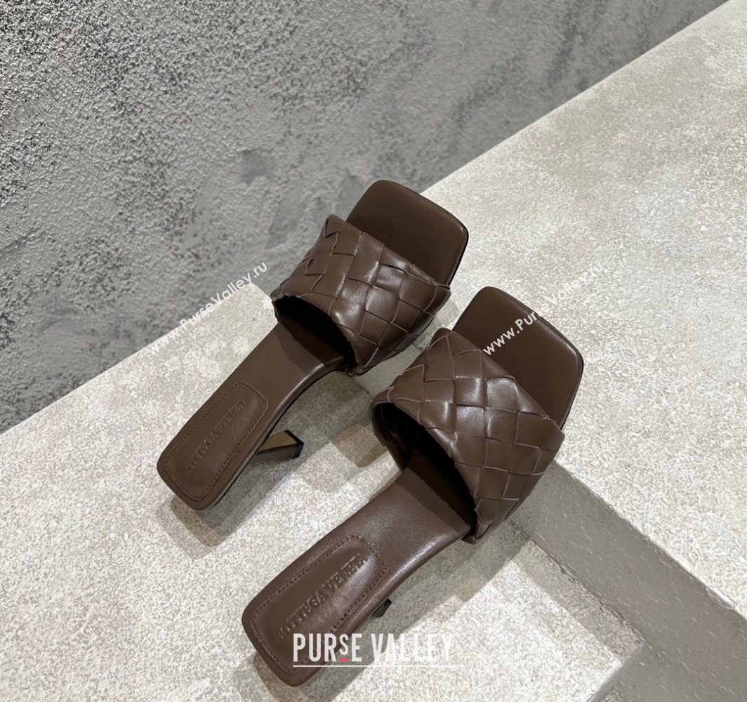Bottega Veneta Parco Square Heel Slides Sandals 9cm in Soft Intrecciato Leather Chocolate 2025 837737 (MD-250604018)