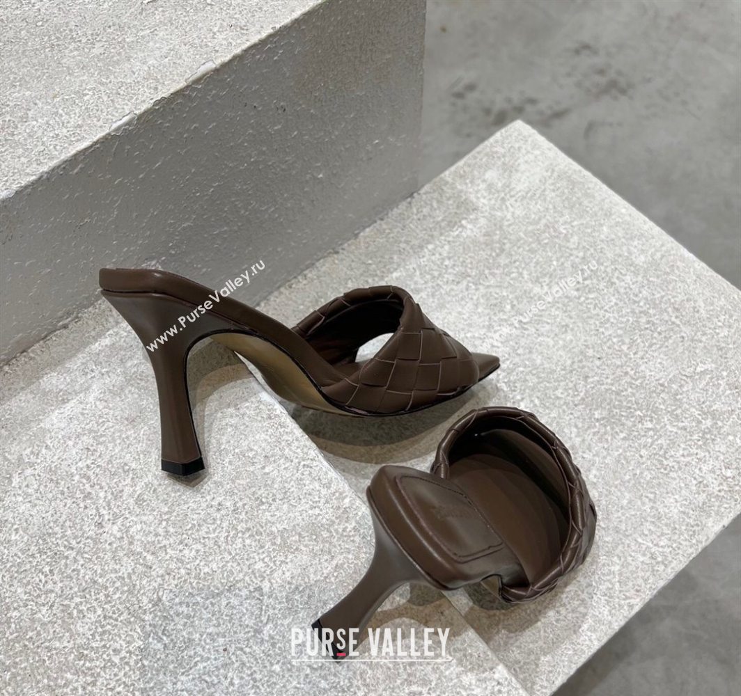 Bottega Veneta Parco Square Heel Slides Sandals 9cm in Soft Intrecciato Leather Chocolate 2025 837737 (MD-250604018)