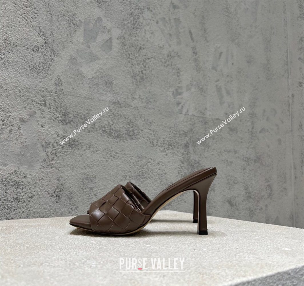 Bottega Veneta Parco Square Heel Slides Sandals 9cm in Soft Intrecciato Leather Chocolate 2025 837737 (MD-250604018)