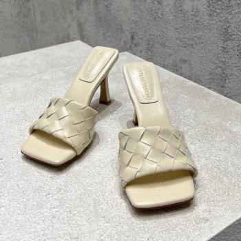 Bottega Veneta Parco Square Heel Slides Sandals 9cm in Soft Intrecciato Leather Sea Salt White 2025 837737 (MD-250604019)