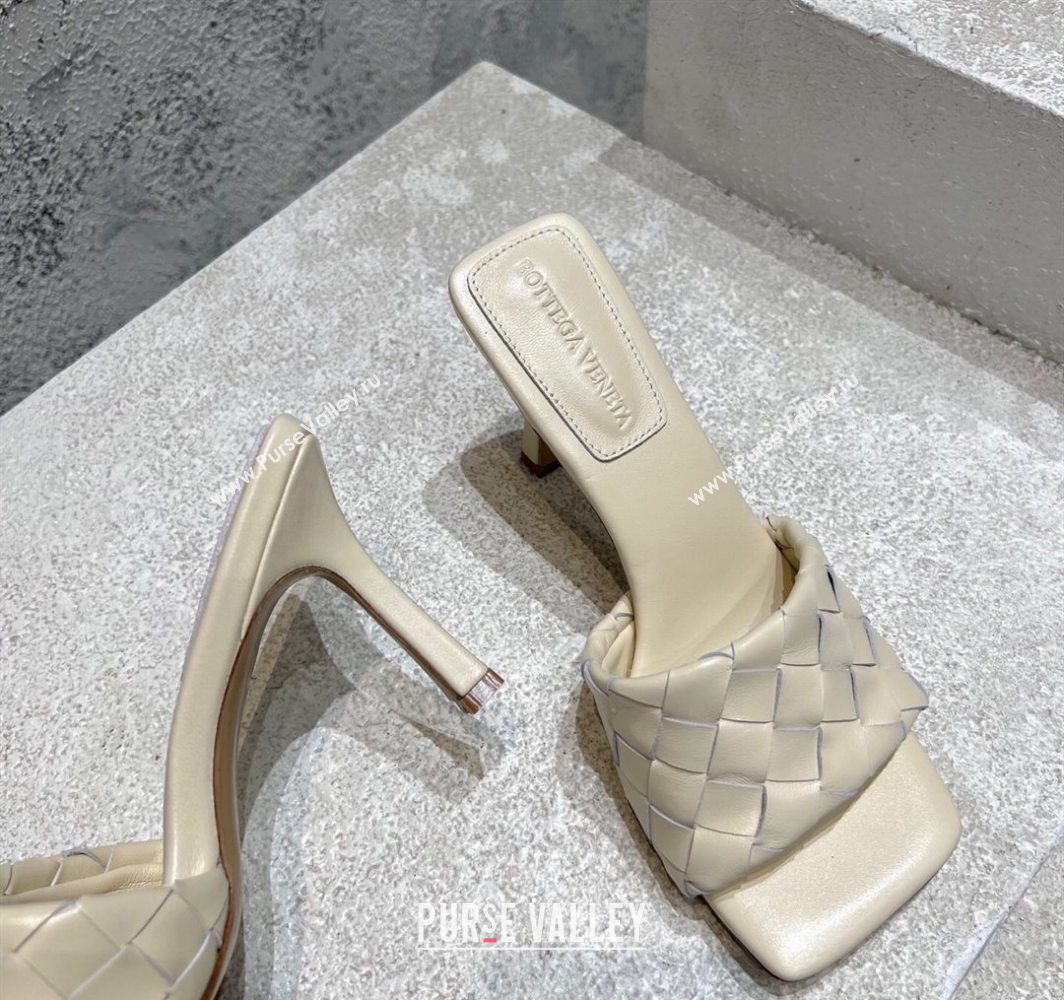 Bottega Veneta Parco Square Heel Slides Sandals 9cm in Soft Intrecciato Leather Sea Salt White 2025 837737 (MD-250604019)