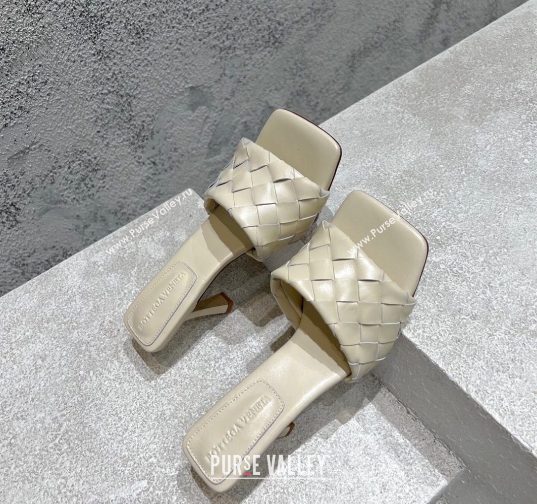 Bottega Veneta Parco Square Heel Slides Sandals 9cm in Soft Intrecciato Leather Sea Salt White 2025 837737 (MD-250604019)