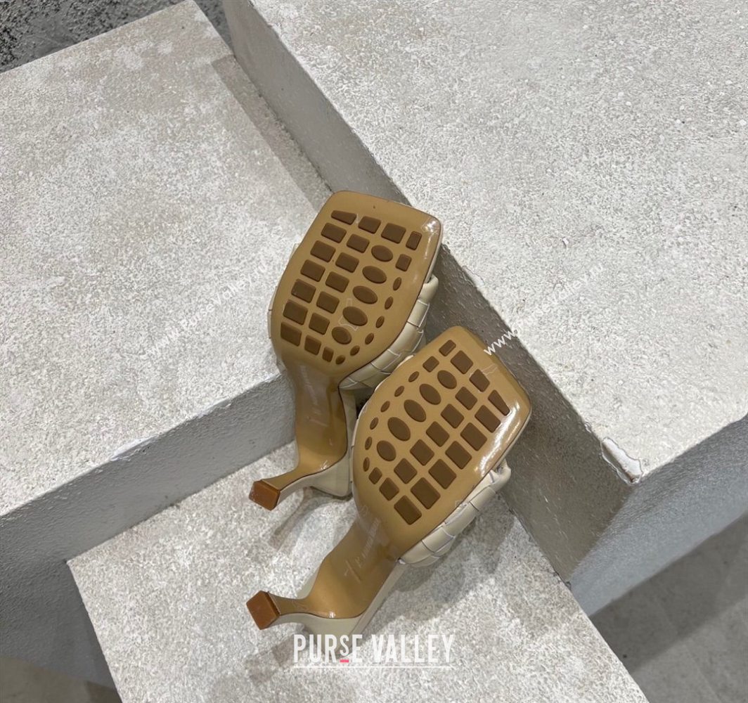 Bottega Veneta Parco Square Heel Slides Sandals 9cm in Soft Intrecciato Leather Sea Salt White 2025 837737 (MD-250604019)
