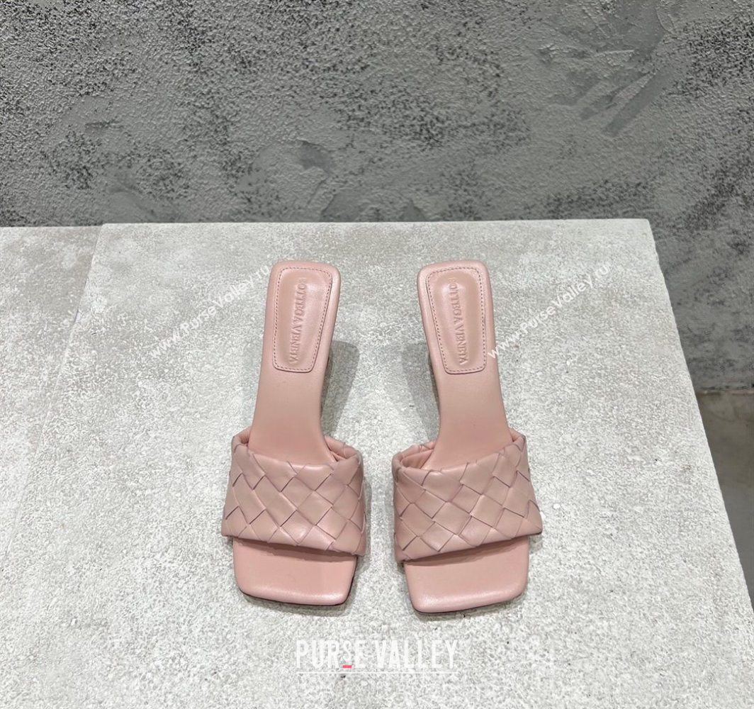 Bottega Veneta Parco Square Heel Slides Sandals 9cm in Soft Intrecciato Leather Light Pink 2025 837737 (MD-250604021)