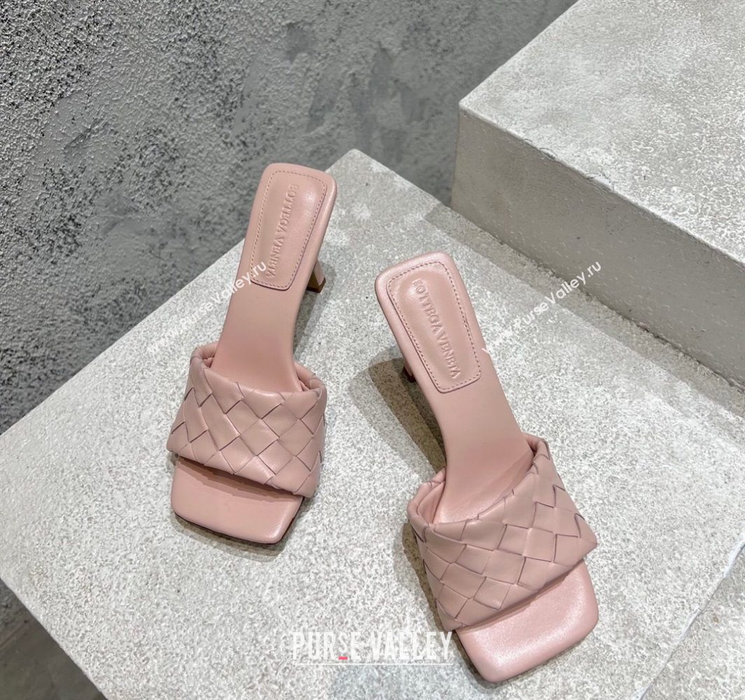 Bottega Veneta Parco Square Heel Slides Sandals 9cm in Soft Intrecciato Leather Light Pink 2025 837737 (MD-250604021)