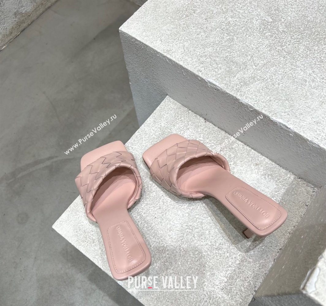 Bottega Veneta Parco Square Heel Slides Sandals 9cm in Soft Intrecciato Leather Light Pink 2025 837737 (MD-250604021)