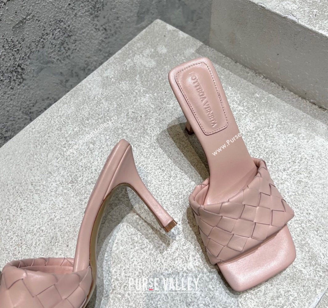 Bottega Veneta Parco Square Heel Slides Sandals 9cm in Soft Intrecciato Leather Light Pink 2025 837737 (MD-250604021)