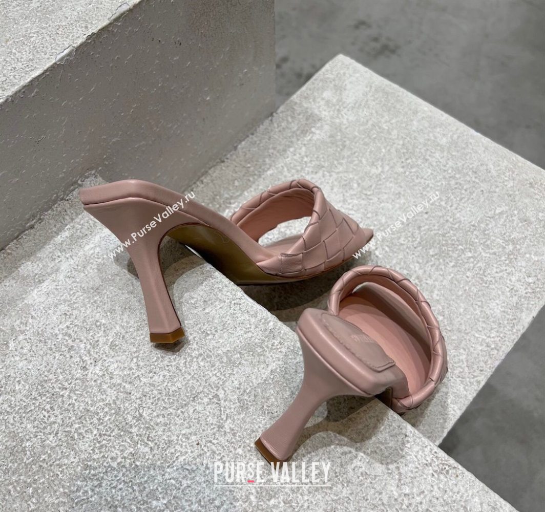 Bottega Veneta Parco Square Heel Slides Sandals 9cm in Soft Intrecciato Leather Light Pink 2025 837737 (MD-250604021)