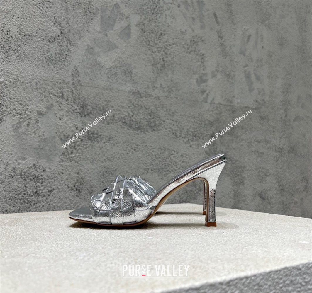 Bottega Veneta Parco Square Heel Slides Sandals 9cm in Soft Intrecciato Leather Silver 2025 837737 (MD-250604022)