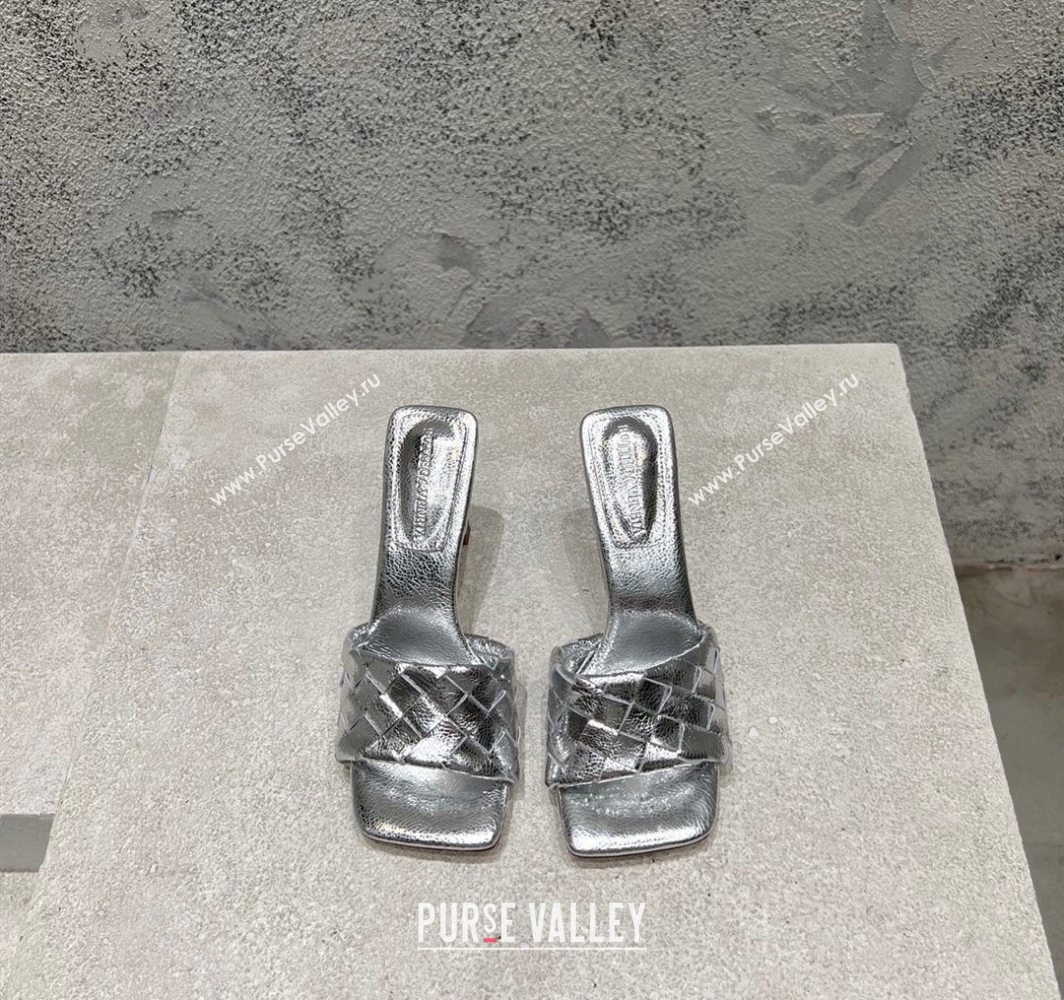 Bottega Veneta Parco Square Heel Slides Sandals 9cm in Soft Intrecciato Leather Silver 2025 837737 (MD-250604022)