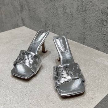 Bottega Veneta Parco Square Heel Slides Sandals 9cm in Soft Intrecciato Leather Silver 2025 837737 (MD-250604022)