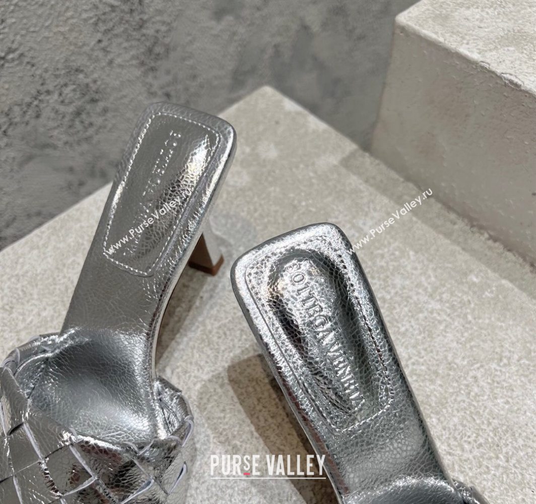 Bottega Veneta Parco Square Heel Slides Sandals 9cm in Soft Intrecciato Leather Silver 2025 837737 (MD-250604022)