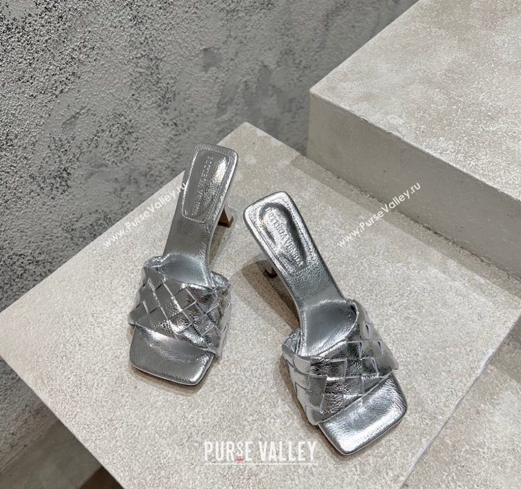 Bottega Veneta Parco Square Heel Slides Sandals 9cm in Soft Intrecciato Leather Silver 2025 837737 (MD-250604022)