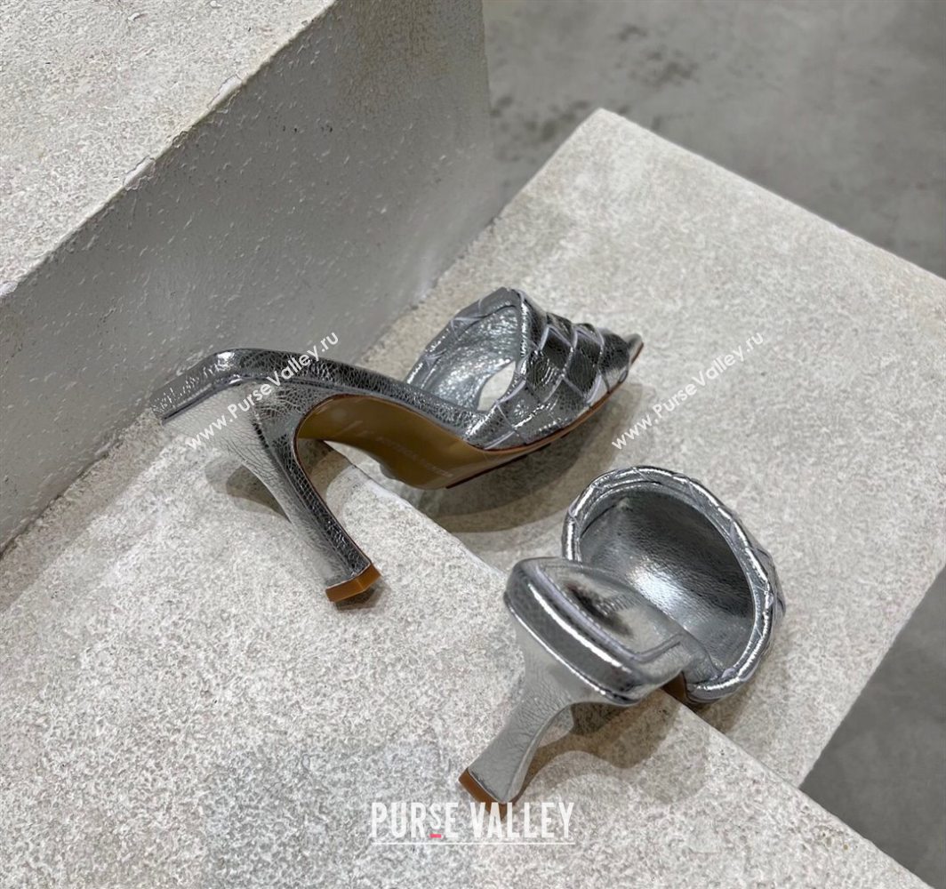 Bottega Veneta Parco Square Heel Slides Sandals 9cm in Soft Intrecciato Leather Silver 2025 837737 (MD-250604022)