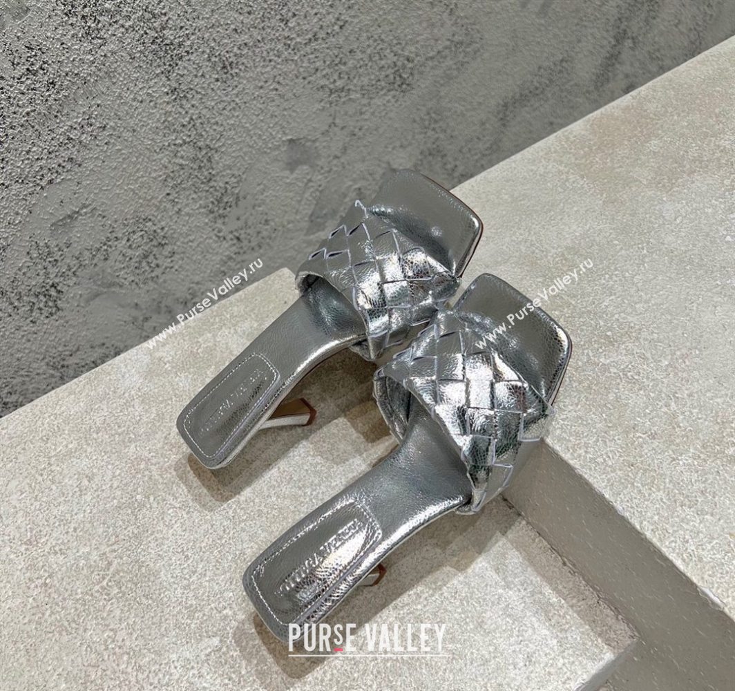 Bottega Veneta Parco Square Heel Slides Sandals 9cm in Soft Intrecciato Leather Silver 2025 837737 (MD-250604022)