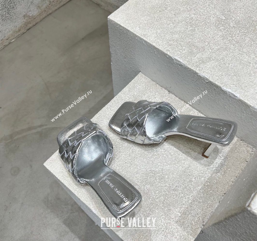 Bottega Veneta Parco Square Heel Slides Sandals 9cm in Soft Intrecciato Leather Silver 2025 837737 (MD-250604022)