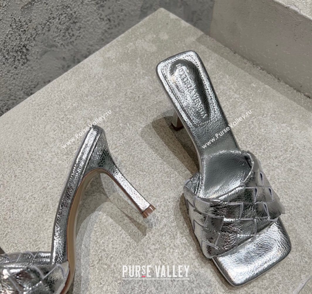 Bottega Veneta Parco Square Heel Slides Sandals 9cm in Soft Intrecciato Leather Silver 2025 837737 (MD-250604022)