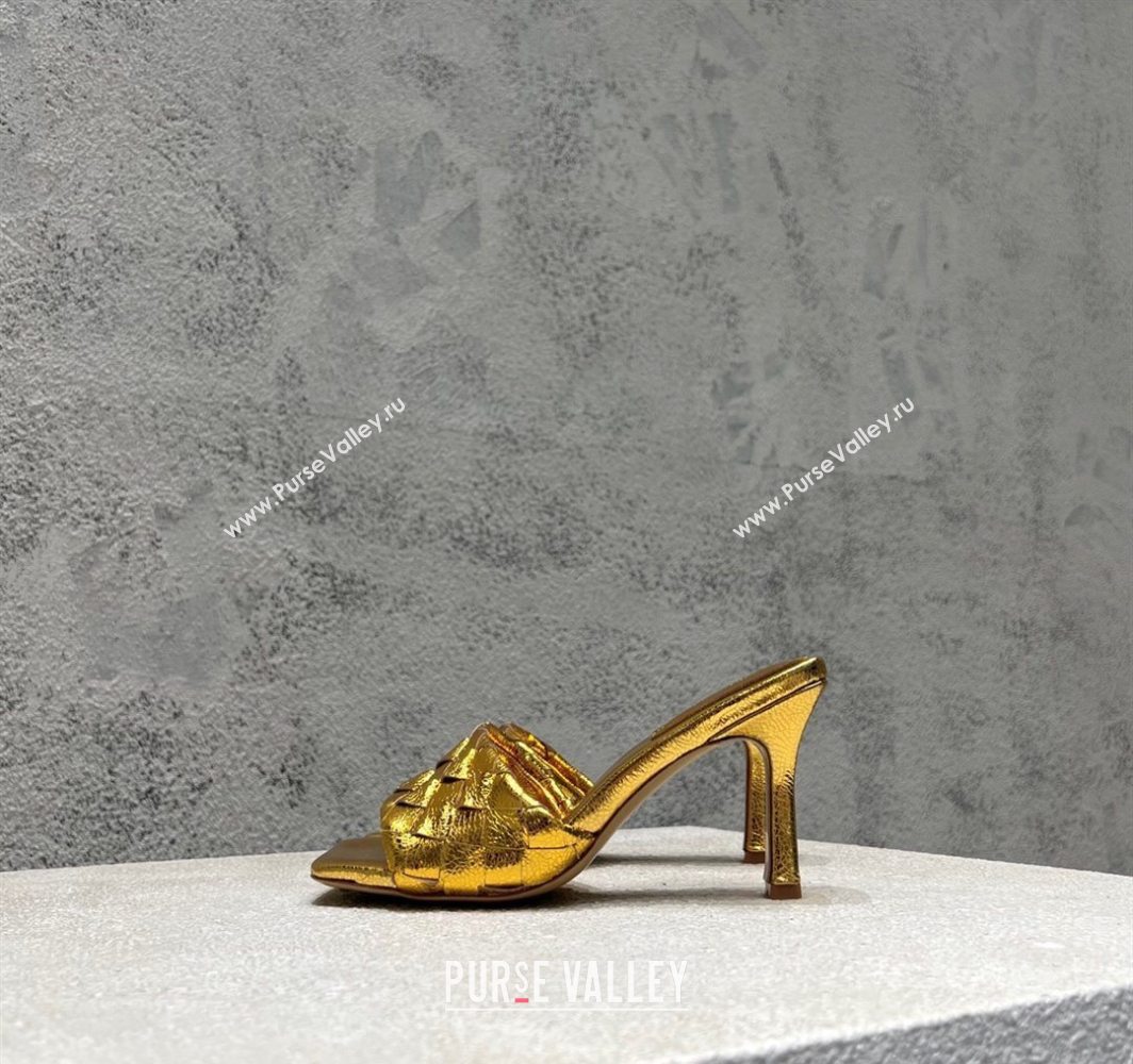 Bottega Veneta Parco Square Heel Slides Sandals 9cm in Soft Intrecciato Leather Gold 2025 837737 (MD-250604023)