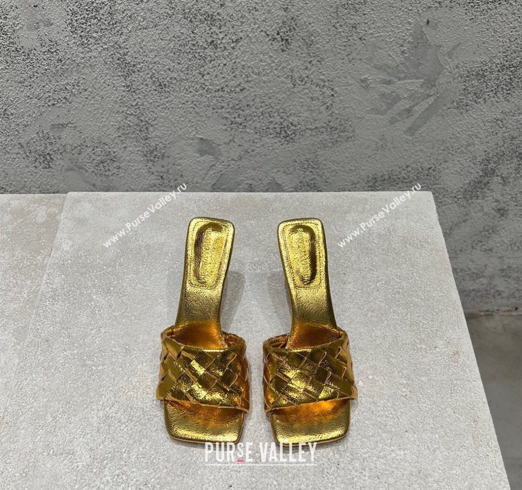 Bottega Veneta Parco Square Heel Slides Sandals 9cm in Soft Intrecciato Leather Gold 2025 837737 (MD-250604023)