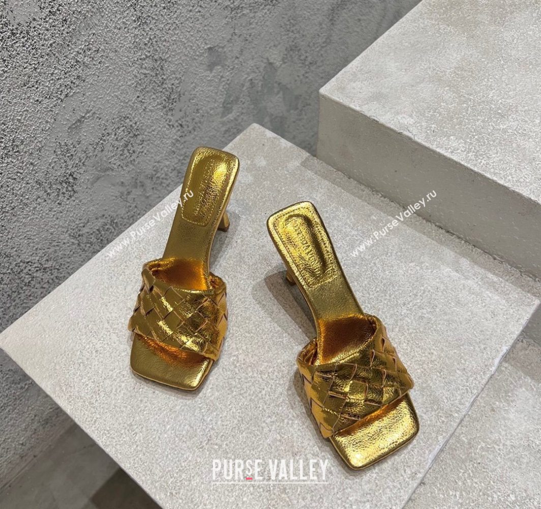 Bottega Veneta Parco Square Heel Slides Sandals 9cm in Soft Intrecciato Leather Gold 2025 837737 (MD-250604023)