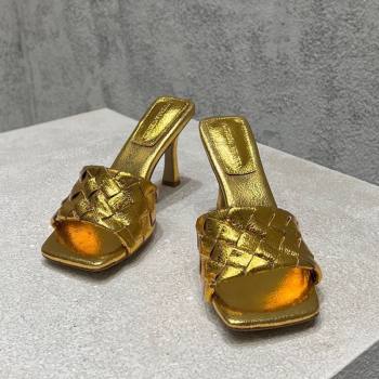 Bottega Veneta Parco Square Heel Slides Sandals 9cm in Soft Intrecciato Leather Gold 2025 837737 (MD-250604023)